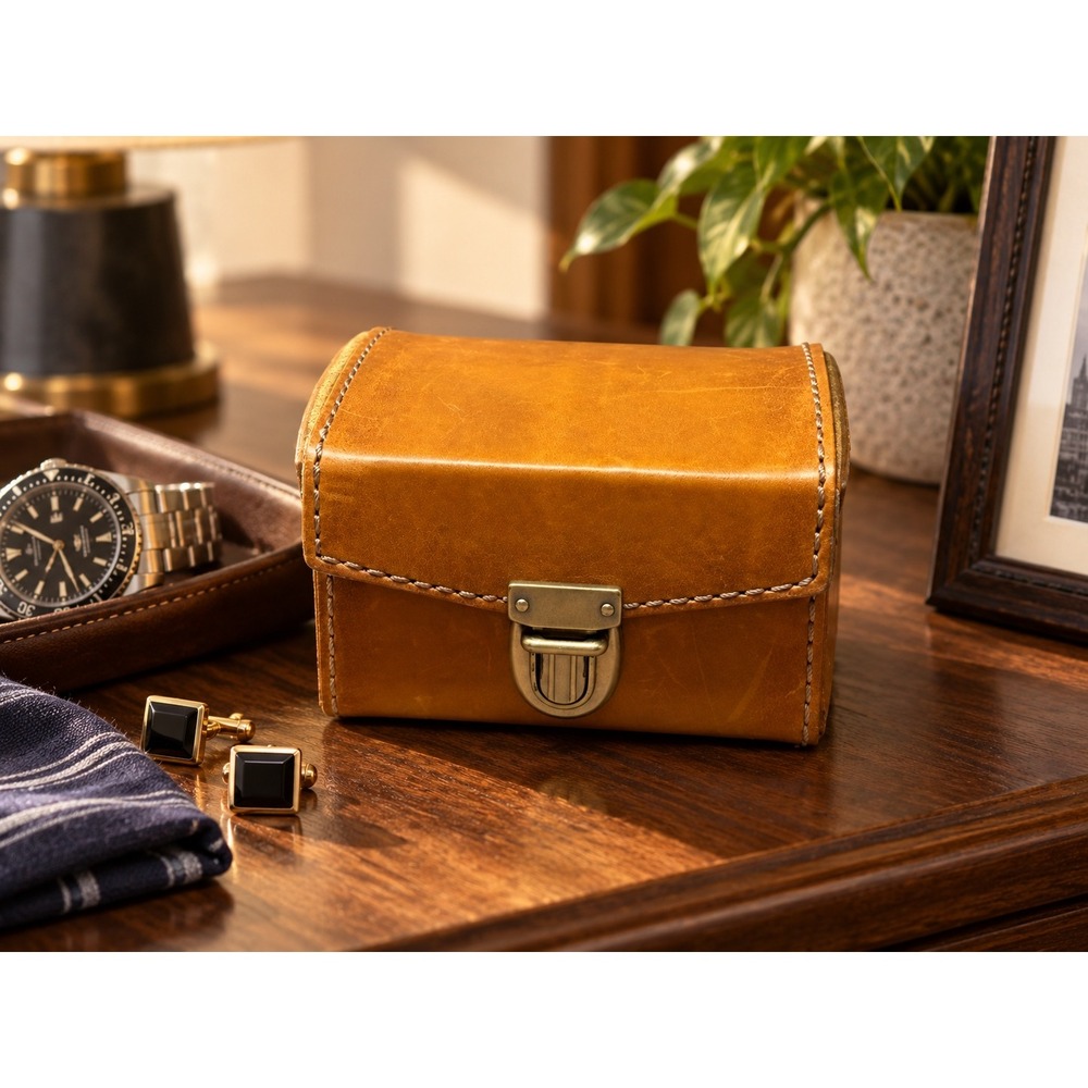 Fossil MLG0097 Watch Travel Case Tan Cowhide Leather Trunk Box Vintage Style